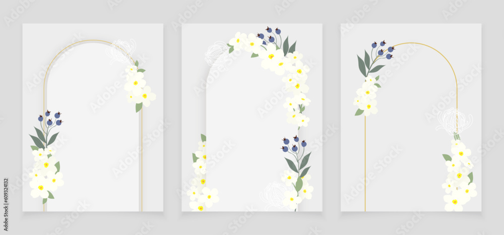 Wedding card with a wreath of flowers and blue berries on a blue background. A set of three backgrounds for invitations.