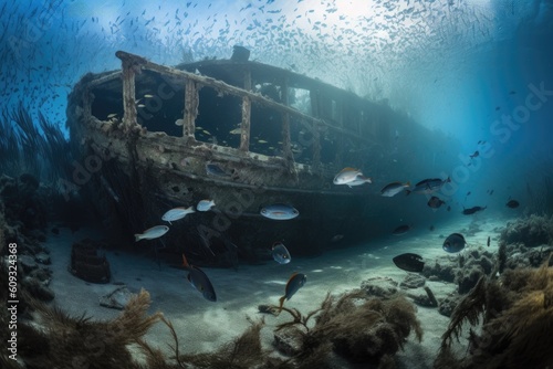 underwater view of shipwreck, surrounded by schools of fish and debris from the wreck, created with generative ai