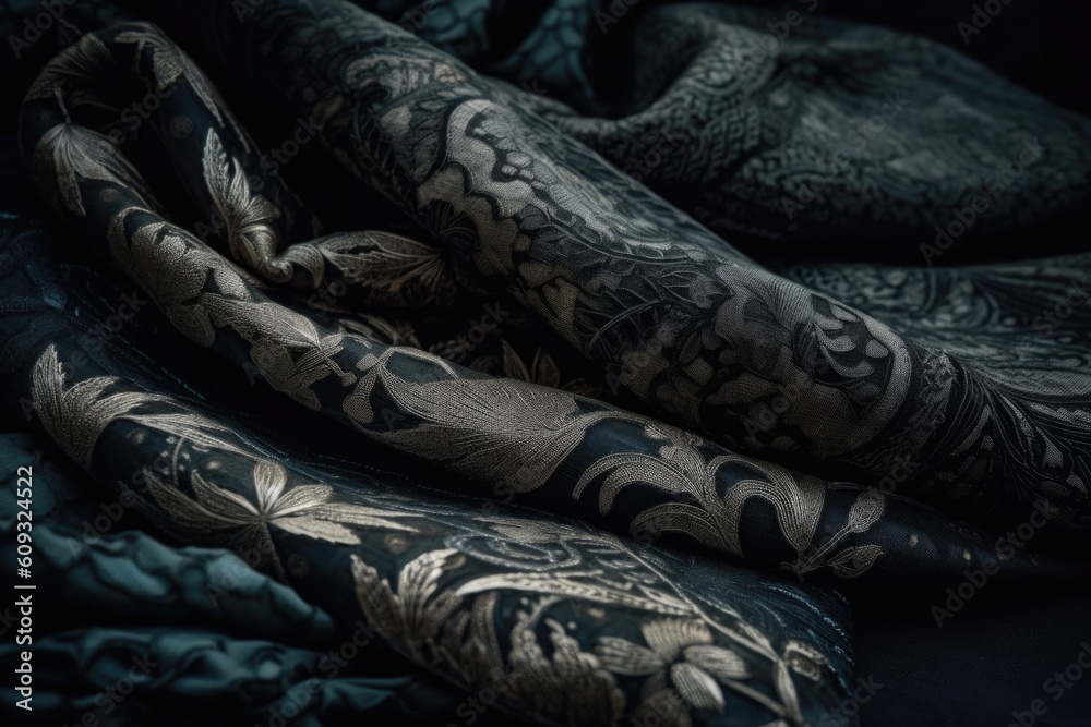textiles with intricate and delicate print in dark setting, created with generative ai textiles with intricate and delicate print in dark setting, created with generative ai