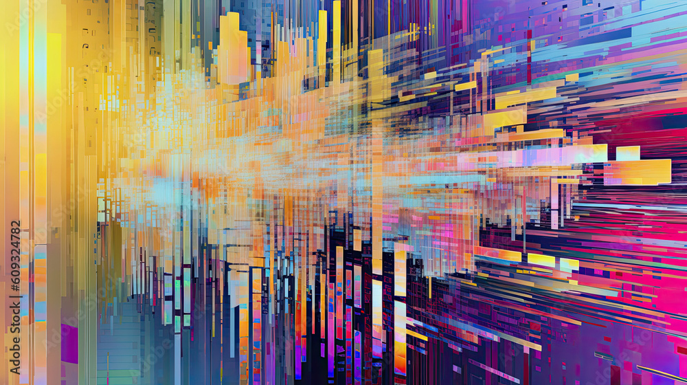 Obraz premium Immerse yourself in a world of digital glitch art. Craft a visually captivating abstract backdrop that explores the aesthetic of technological errors and distortions, generative AI