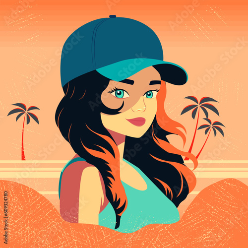 Vector illustration in flat cartoon style. Pretty woman in a sports cap against the backdrop of sunset and exotic palm trees. Romantic composition, summer season.