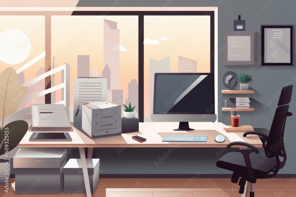 office space, with smart speaker placed on desk, providing virtual assistant access to important files and information, created with generative ai
