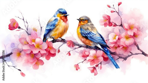 Colorful birds with branch sakura flower in watercolor design artistic. Concept of painting isolated on white background. Generative Ai.