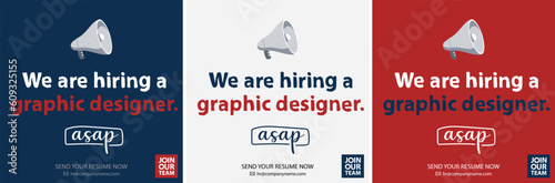 We are Hiring Graphic Designer, Join our team ASAP, Flat vector isolated, social media poster, Template design for recruitment agency broadcasting. Graphic designer artist required.