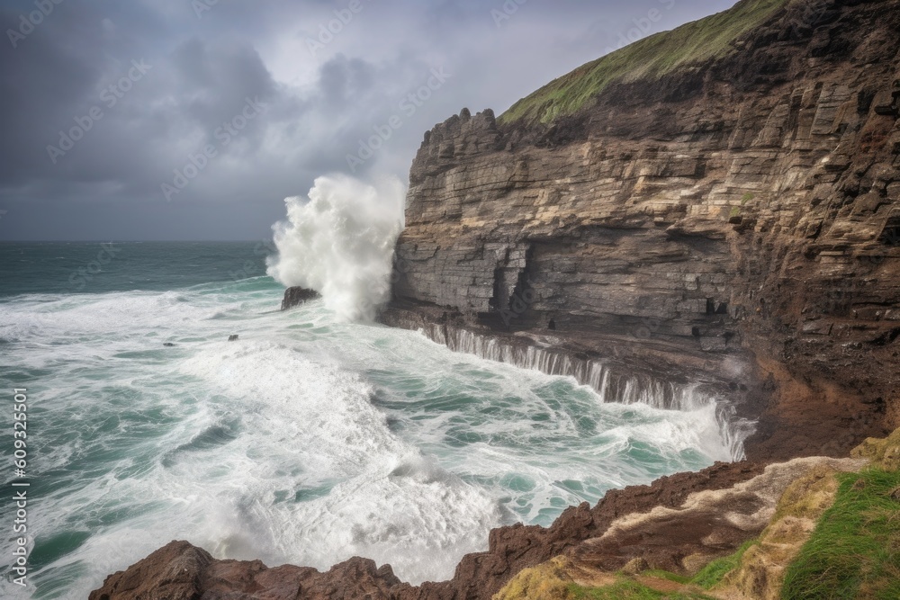 Obraz premium coastal cliff face with waves crashing into the rocks below, making for a dramatic view, created with generative ai