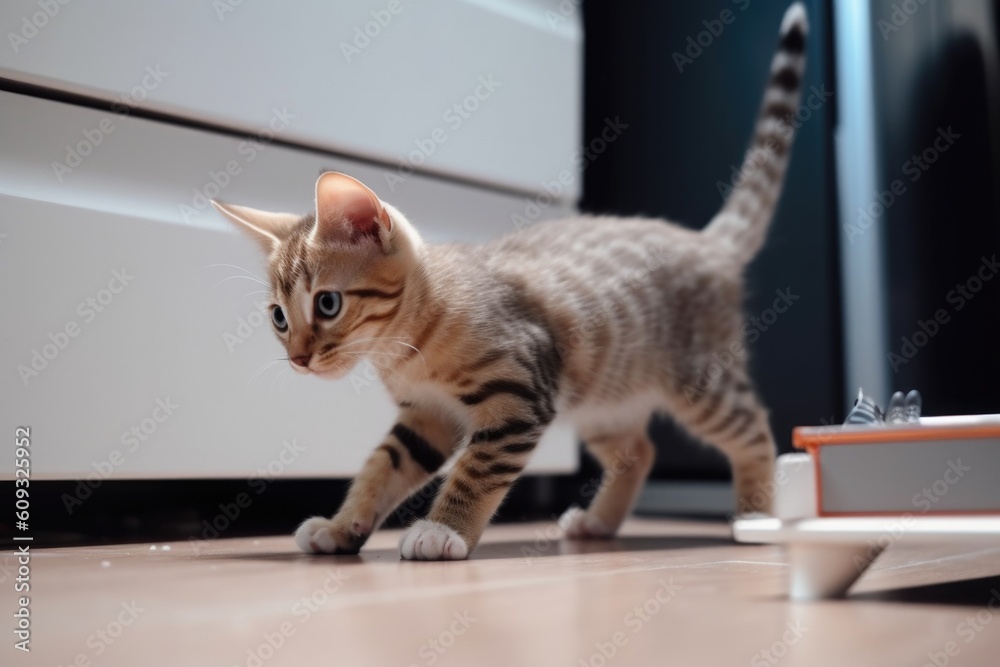 Naklejka premium playful kitten chasing mouse toy around the kitchen, created with generative ai