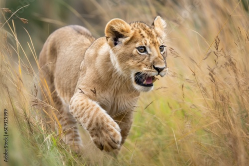 playful lion cub chasing its tail in tall grass  created with generative ai