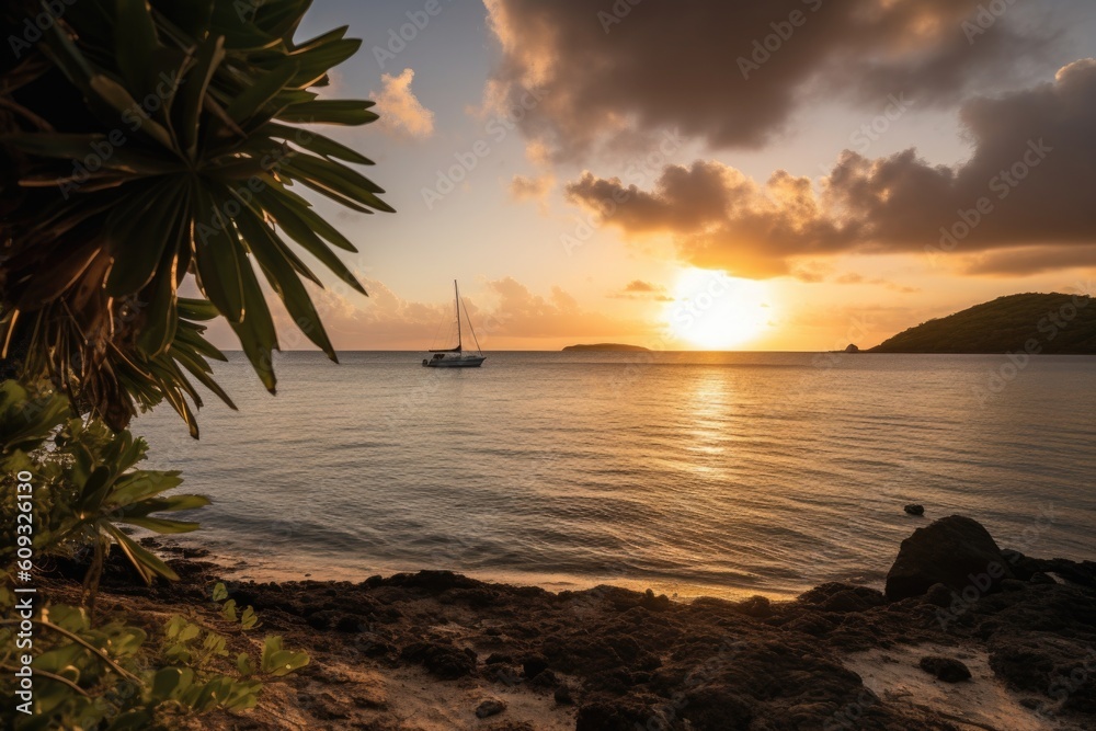 remote island beach, with view of the setting sun, and sailboat in the distance, created with generative ai