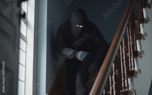 A robber getting into a house. Generative AI technology. © Aleksandr