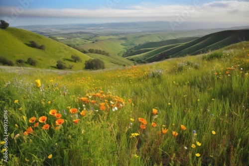 close-up of rolling hills with patches of wildflowers in the foreground, created with generative ai