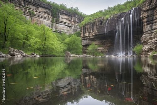 serene lake reflections of cascading waterfall with intricate rock formations in the background, created with generative ai