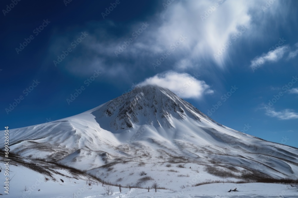 snowy mountain peak with wispy clouds and blue sky, created with generative ai