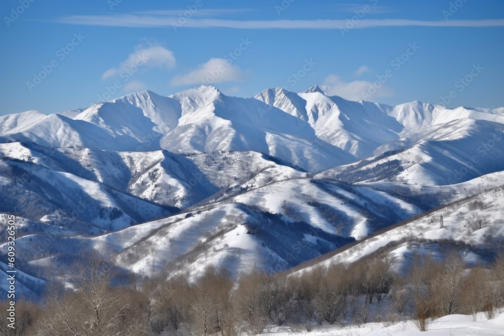 majestic mountain range, blanketed in fresh snow and surrounded by blue skies, created with generative ai