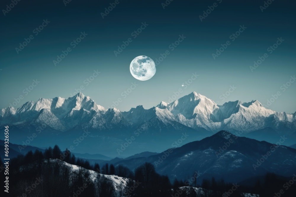 majestic mountain range with a full moon shining over the peaks, created with generative ai majestic mountain range with a full moon shining over the peaks, created with generative ai