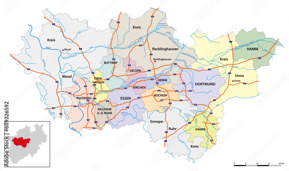 vector map of the largest German metropolitan region, the Ruhr area