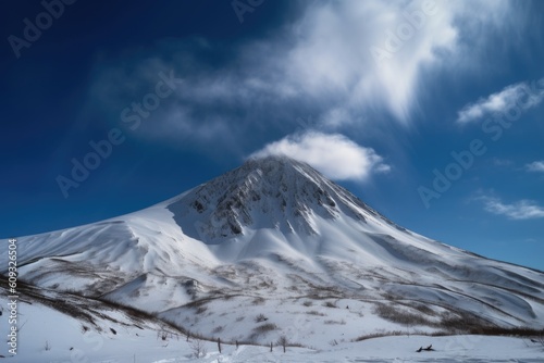 snowy mountain peak with wispy clouds and blue sky, created with generative ai