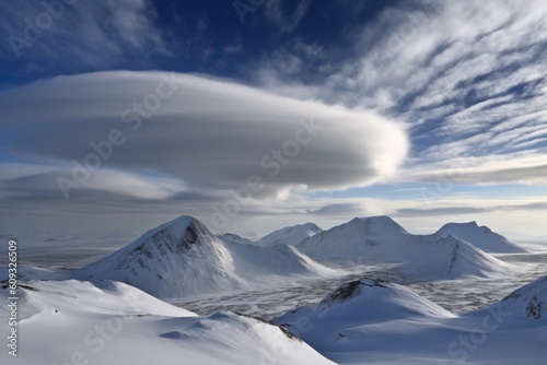 snow-covered mountain range, with clouds swirling over peaks, created with generative ai