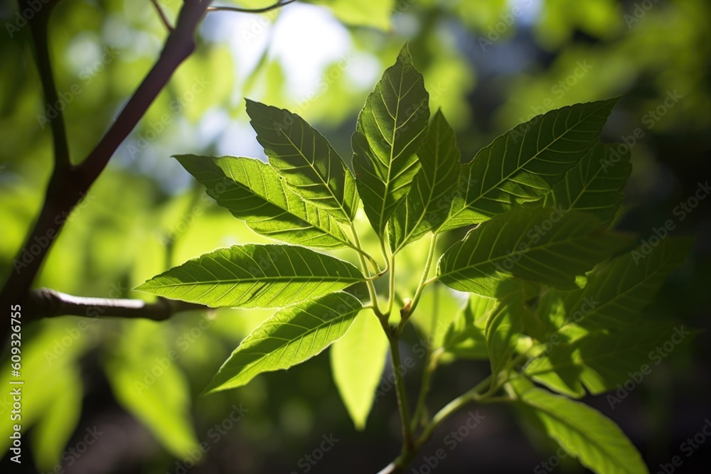 close-up of sprouting tree leaves, with sunlight shining through them, created with generative ai