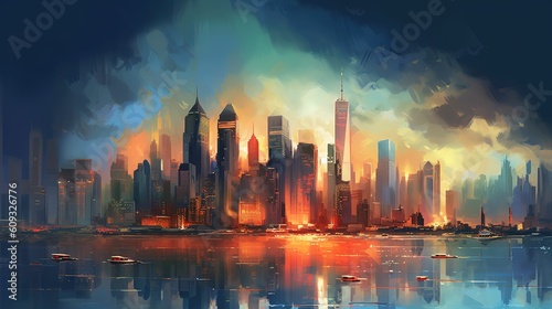Beautiful skyline of the city by the sea, sunset or sunrise, watercolor © hakule