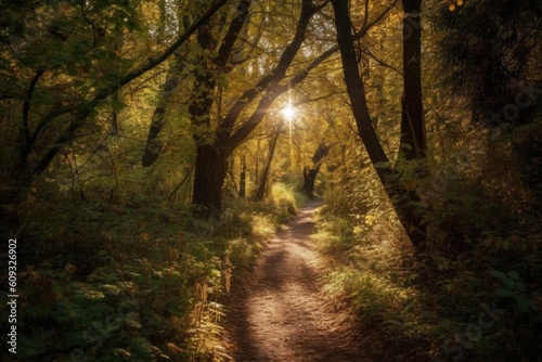 warm sun filtering through the trees onto a forest pathway, created with generative ai