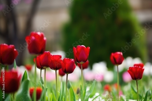 closeup of beautiful red tulips in a garden with copyspace  created with generative ai