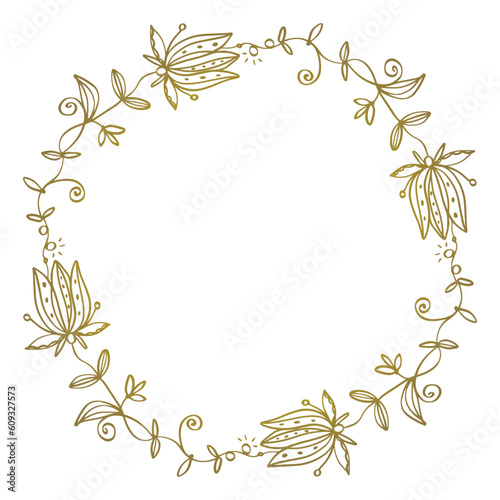 Floral decorative golden vector wreath - for coaster design, wedding invitation.