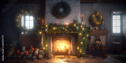 A fireplace with a roaring fire stockings hanging from th generative AI