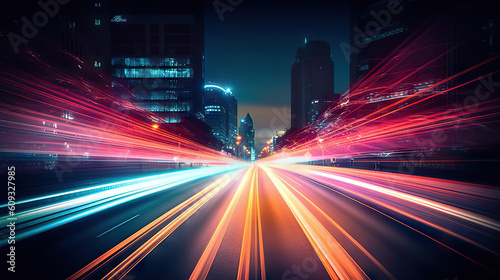 Abstract Long Exposure Light Trails Illuminate the Cityscape in Dynamic Speed. created with Generative AI