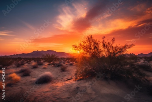desert with sunrise, showcasing the vibrant colors of the morning sky, created with generative ai
