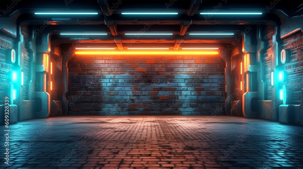 © Pickoloh - Neon Lights Grunge Sci Fi Underground Garage Car Room Cement Asphalt Concrete Brick Wall Realistic Blue Orange Colors Cyber Background 3D Rendering.