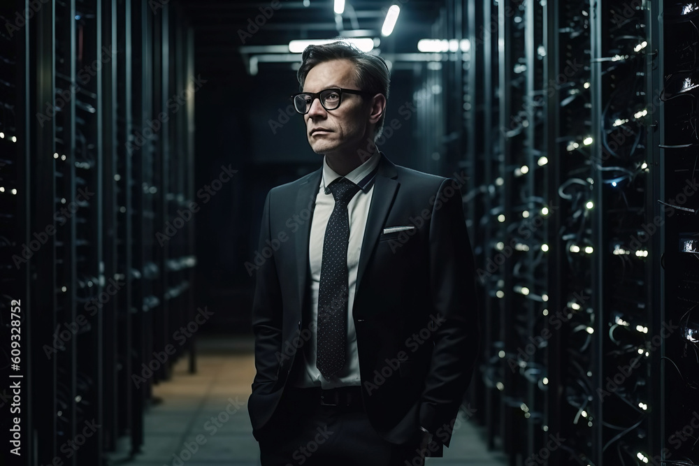 portrait of man in suit of an administrator in data storage center. Generative AI illustration portrait of man in suit of an administrator in data storage center. Generative AI illustration