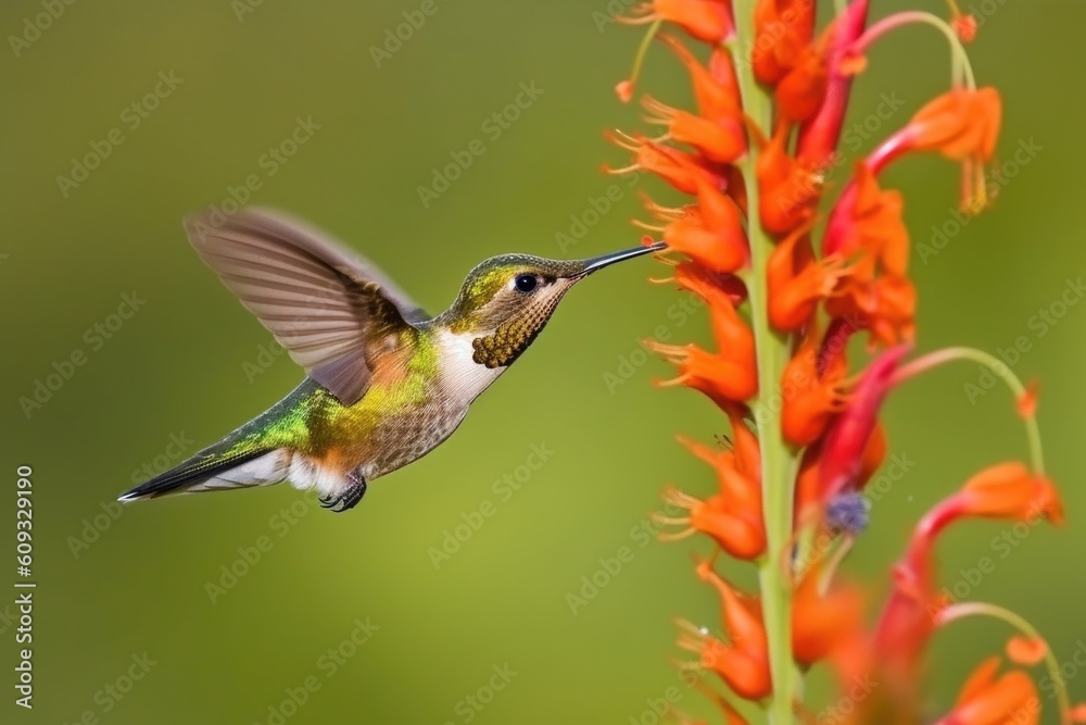 Fototapeta premium macro shot of hummingbird fluttering its wings while feeding on flower, created with generative ai