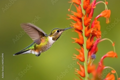 macro shot of hummingbird fluttering its wings while feeding on flower, created with generative ai