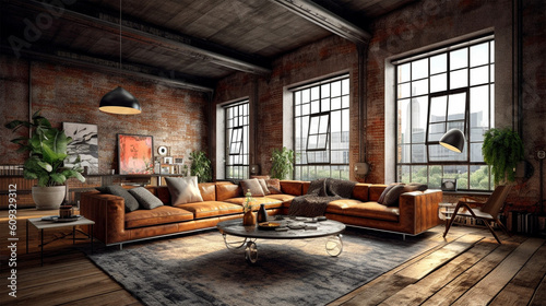 Industrial soft cream living room with brick wall background wallpaper. 3d Render. Generative Ai.