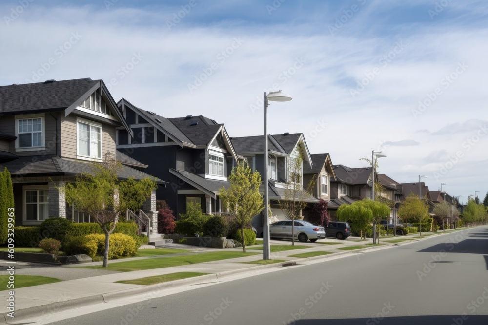 repetitive pattern of houses and lawns on residential street, created with generative ai repetitive pattern of houses and lawns on residential street, created with generative ai