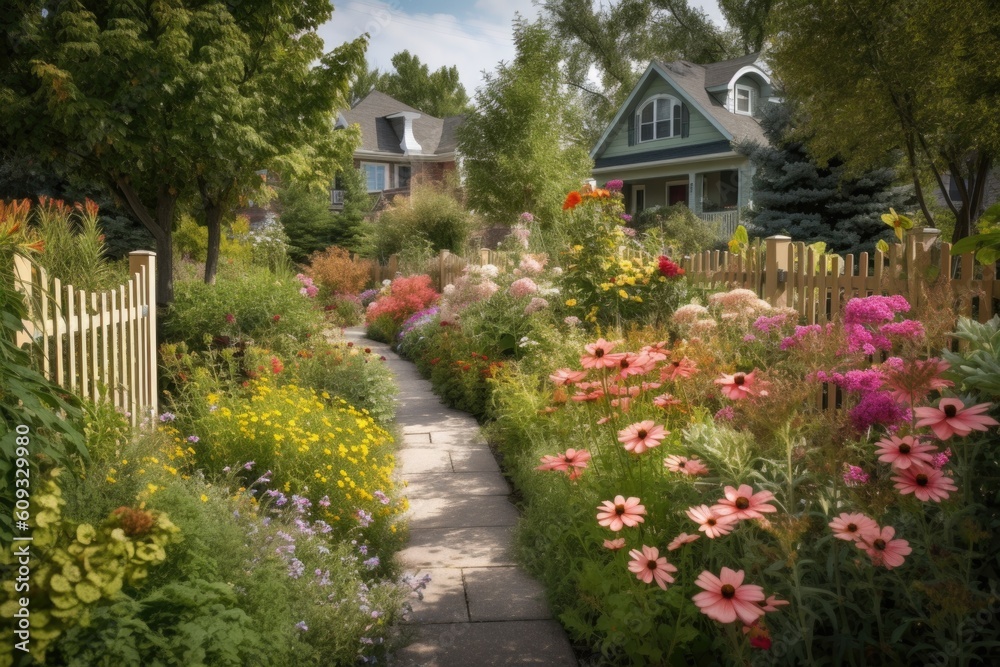 suburban neighborhood, with lush greenery and flowers in full bloom, created with generative ai