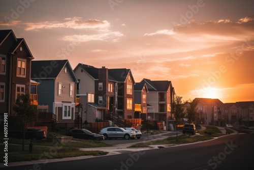 residential neighborhood at dusk, with the sun setting behind the homes, created with generative ai
