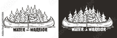 Kayaking sport print. Rafting on kayak on the river among the mountains
