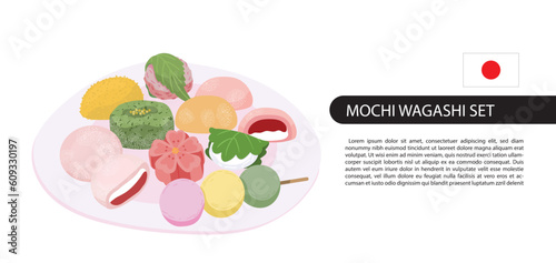 Mochi on plate set. Traditional japanese sweet rice cakes - wagashi, mochi, dango, daifuku. Japan pastry with red bean paste. Vector illustration isolated on white