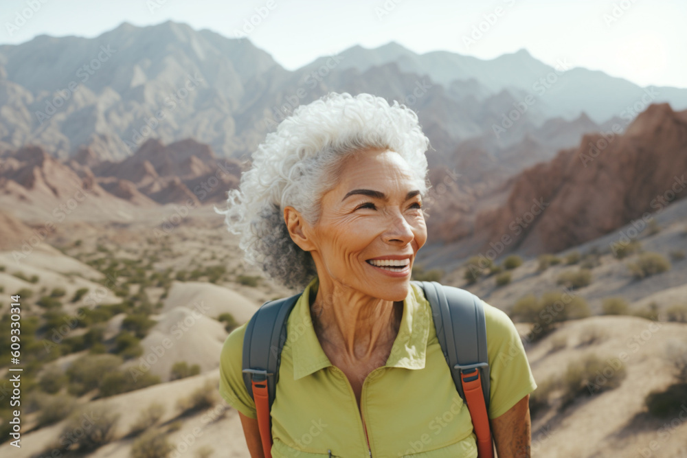 Gray haired woman hiking in the forest created with ai generative tools