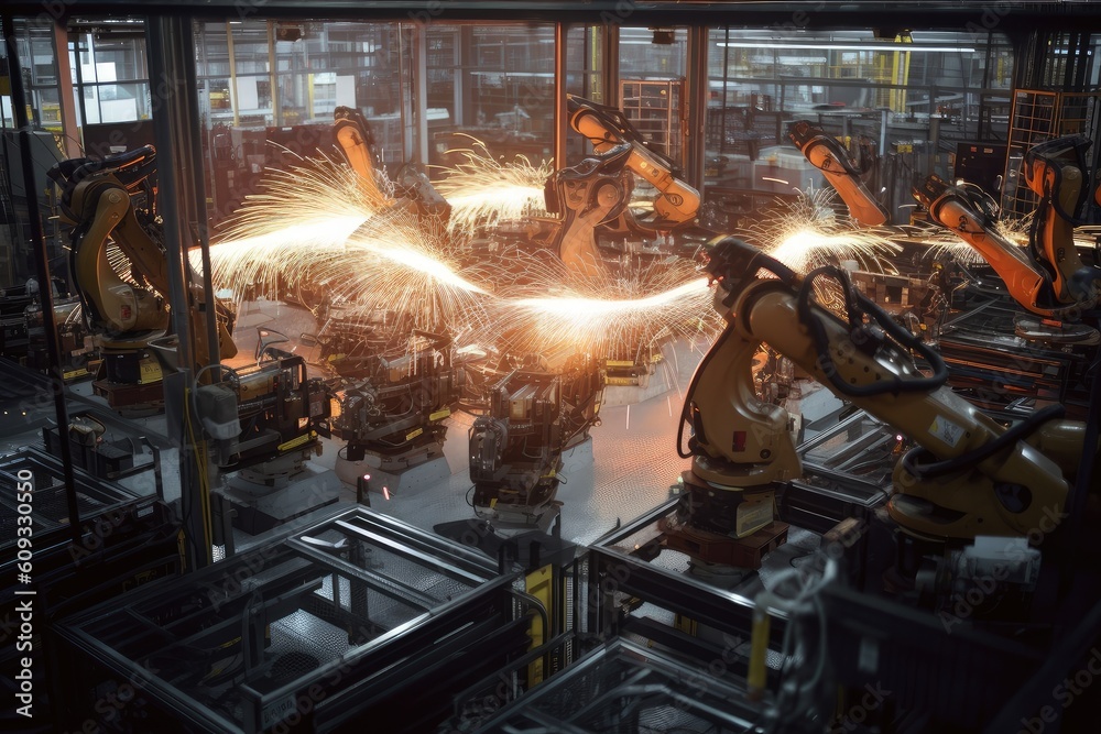 factory floor, with rows of robotic arms and welding torches completing precision tasks in unison, created with generative ai