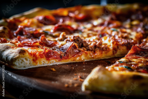 Pizza cheese meat close-up on black background generative ai
