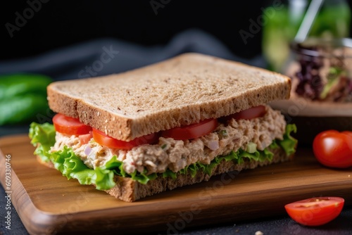 tuna salad sandwich on toasted whole wheat bread with lettuce and tomato, created with generative ai