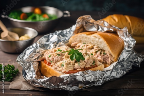 tuna salad sandwich wrapped in foil and packed for picnic, created with generative ai