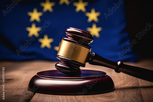 European Union Law and Order Symbolic Judges Gavel Hammer on EU Flag. created with Generative AI photo