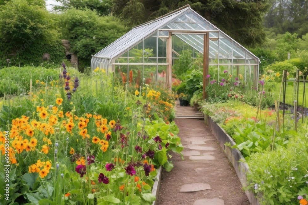 greenhouse in a garden surrounded by blooming flowers, created with generative ai greenhouse in a garden surrounded by blooming flowers, created with generative ai