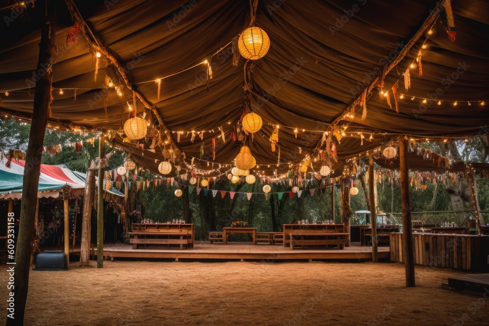 Fototapeta premium a wooden dance floor with lanterns hanging overhead at a festival, created with generative ai