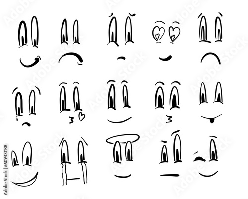 Mega set Cartoon funny faces. Emotional face, old style funny eyes and mouth, different facial expression. Hand drawn ink emoji faces.