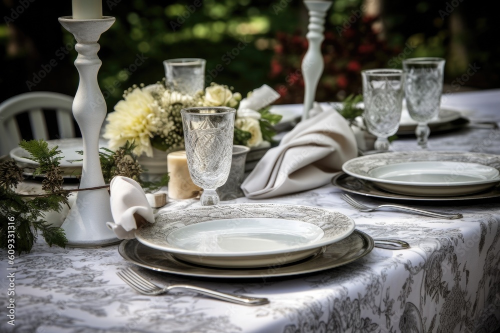 outdoor table setting with elegant china and silverware for formal dinner, created with generative ai