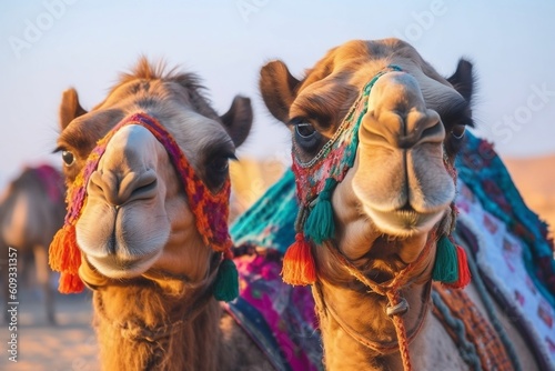 Traditional Camels Close up of Camels with Colorful Attire. Generative AI